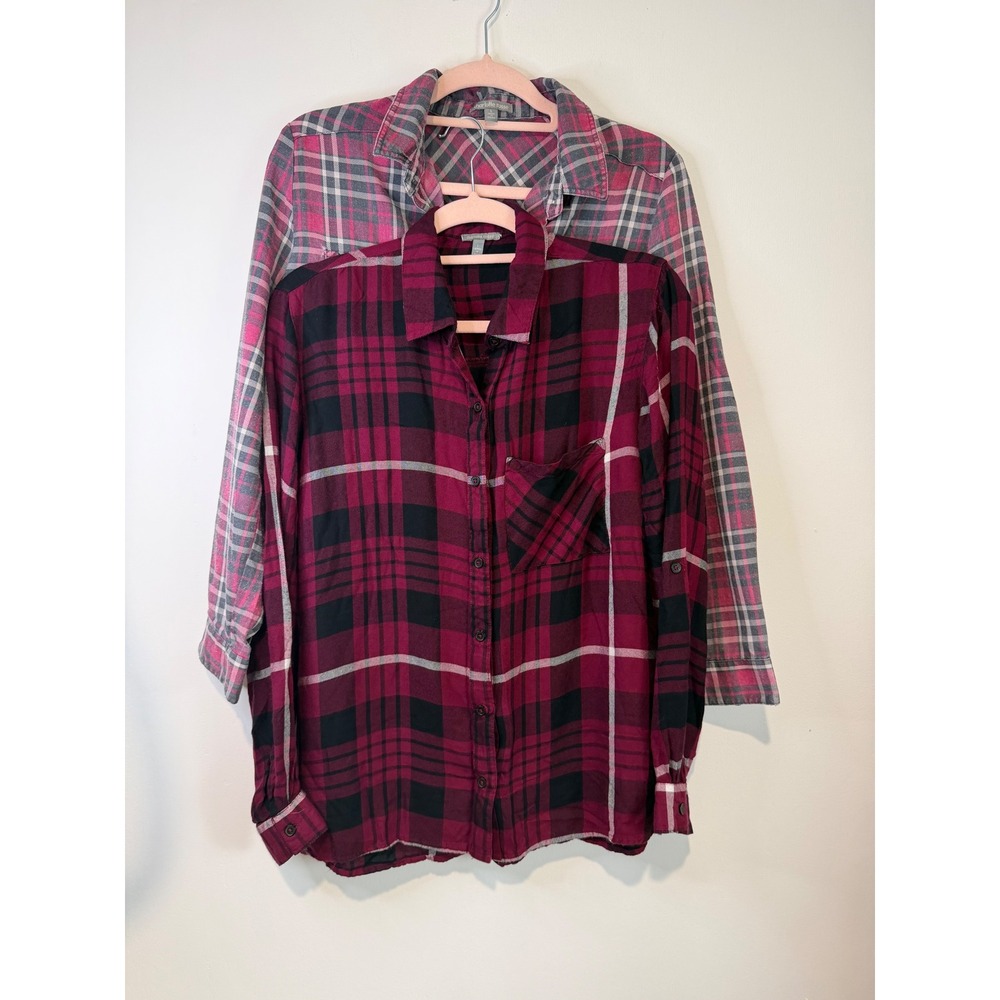 2 Charlotte Russe Womens Large Plaid Flannel Button Down Shirt Burgundy Grey L